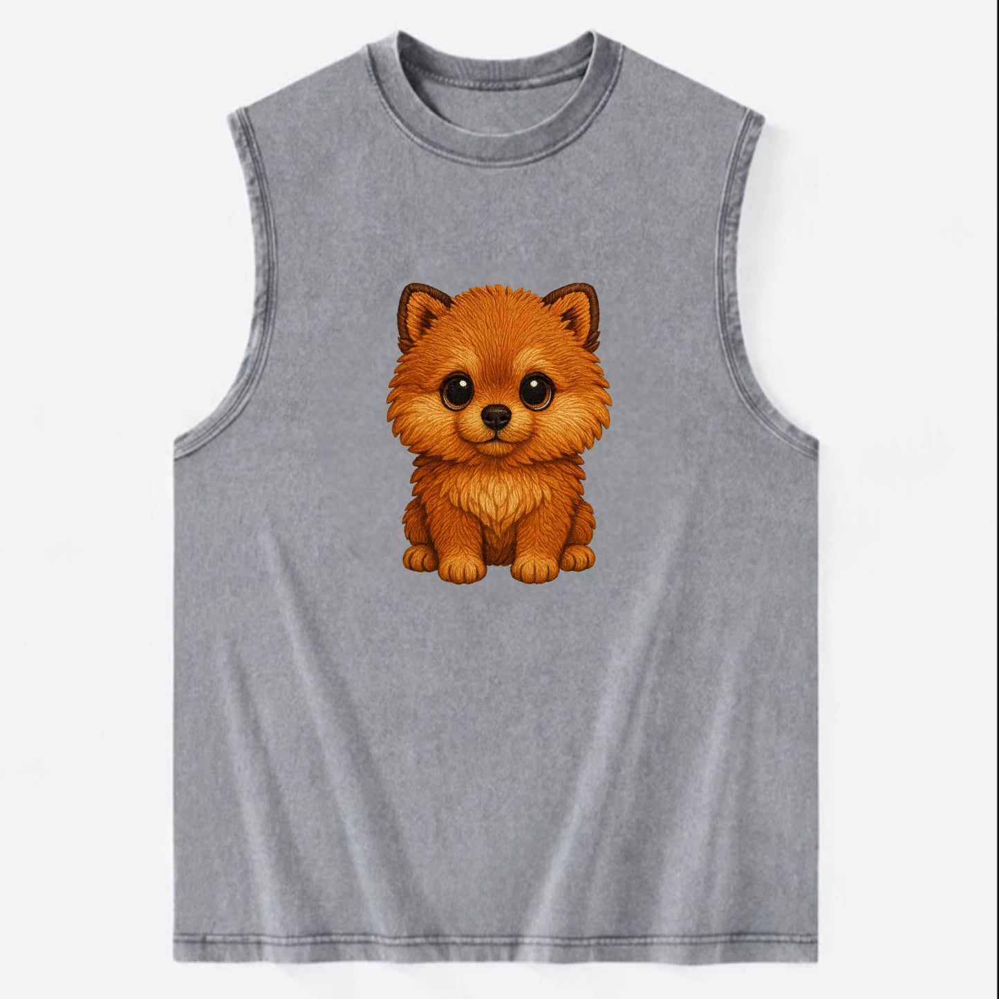 Baby Pomeranian Puppy - fluffy orange ball, fox face, tiny body, bright eyes, - Vintage Washed Tank - Grey