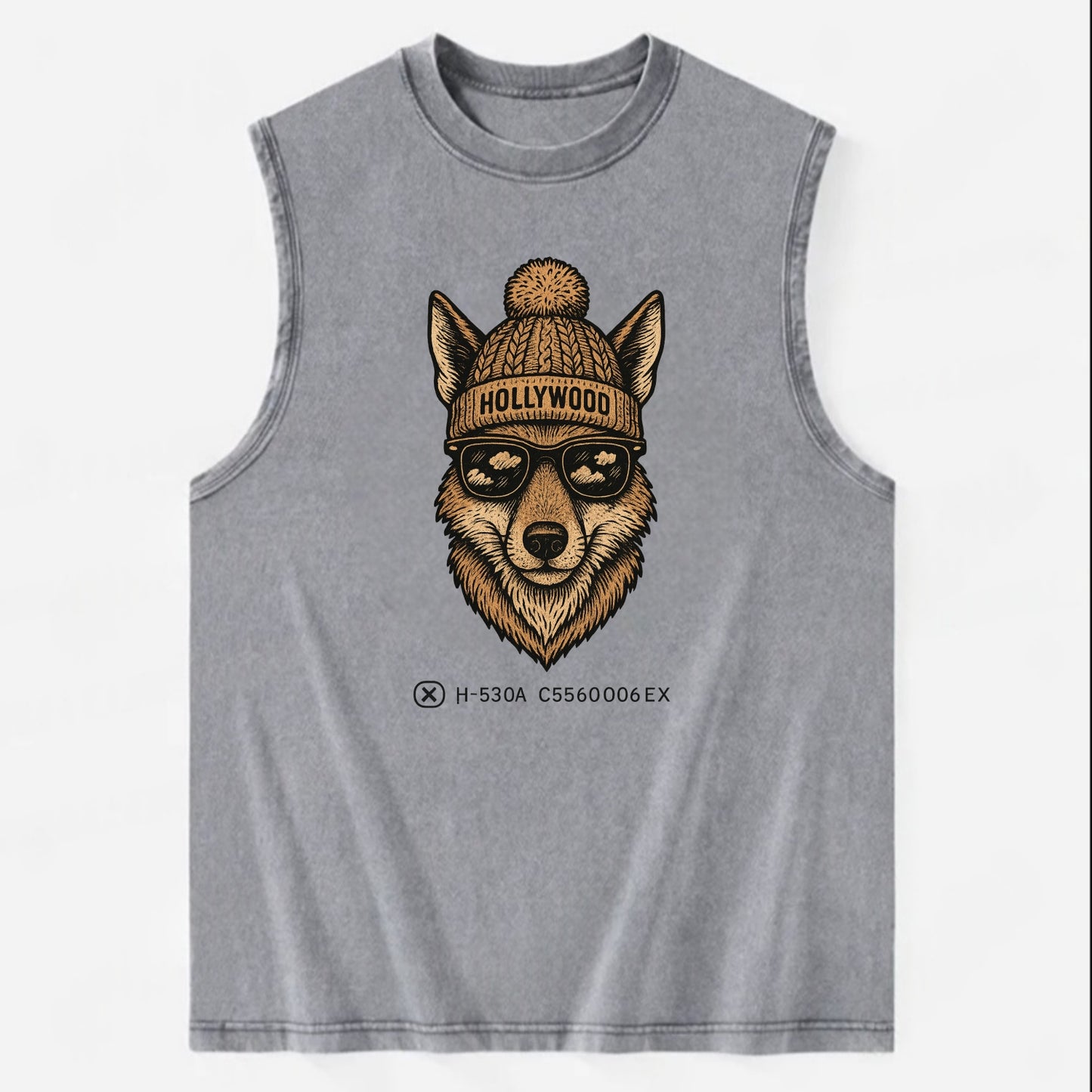 LA Coyote wearing Hollywood beanie with pom pom and wayfarer sunglasses - Vintage Washed Tank - Grey