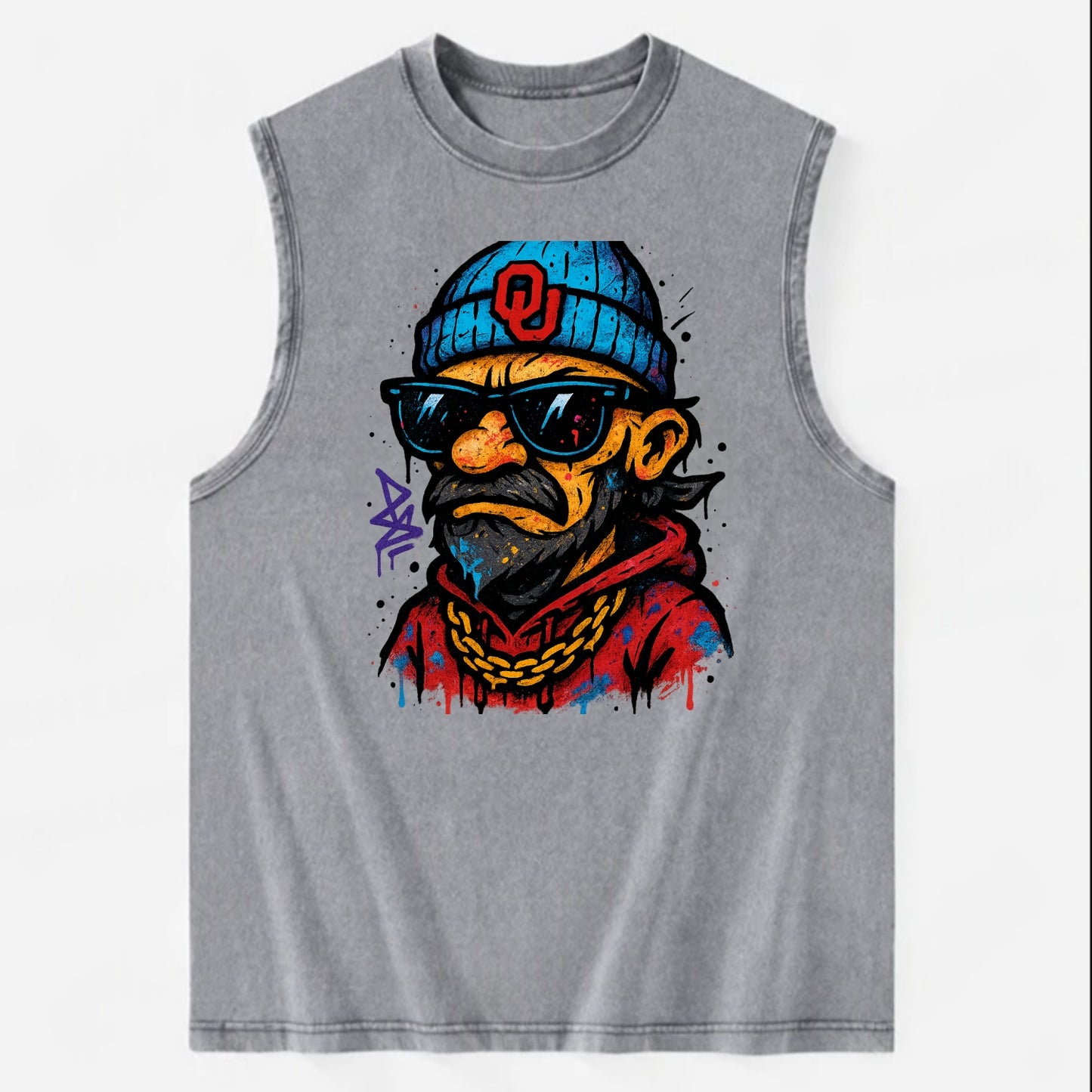 Norman Sooner wearing Oklahoma beanie with OU patch - Vintage Washed Tank - Grey