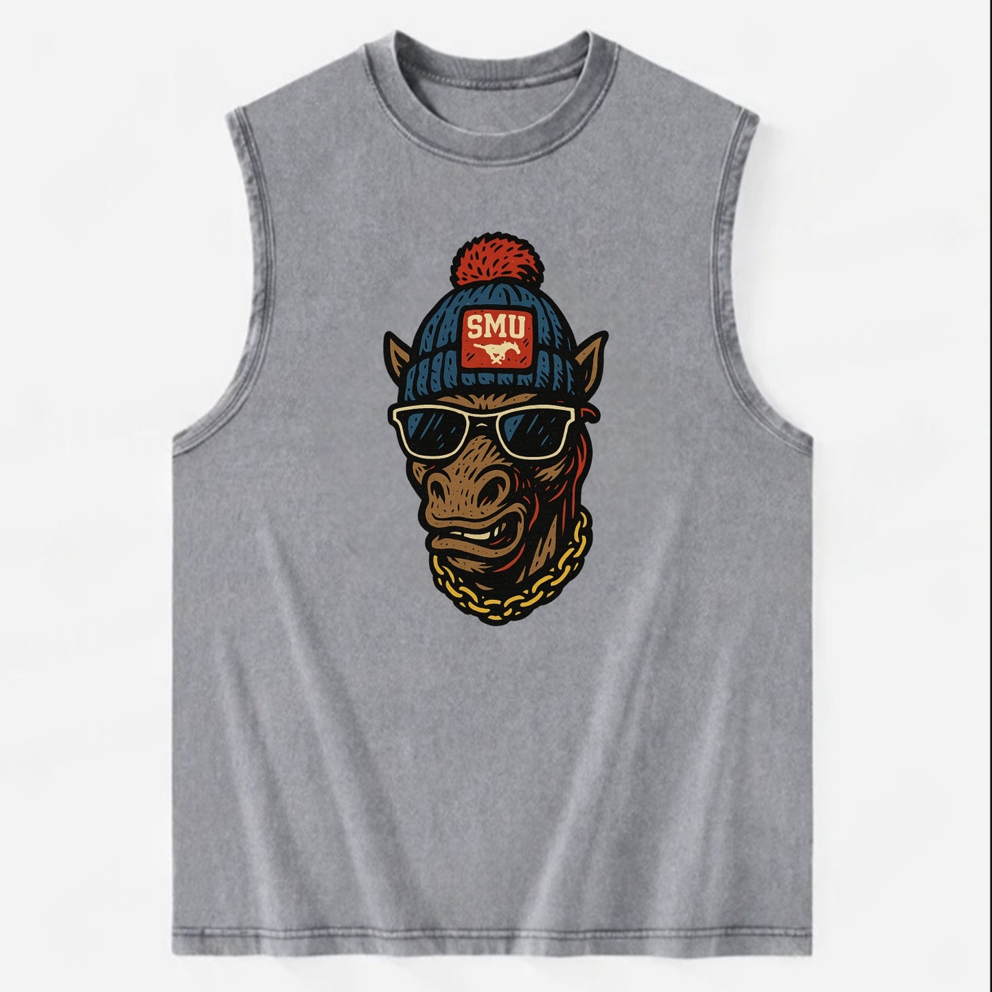 Dallas Mustang wearing SMU beanie with pony patch - Vintage Washed Tank - Grey