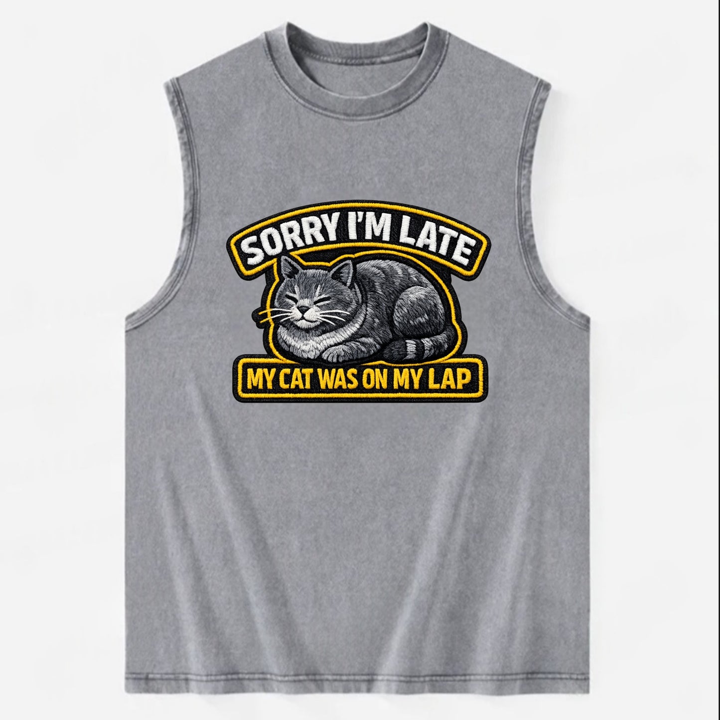 SORRY IM LATE MY CAT WAS ON MY LAP - cat loaf in gray , valid excuse - Vintage Washed Tank - Grey