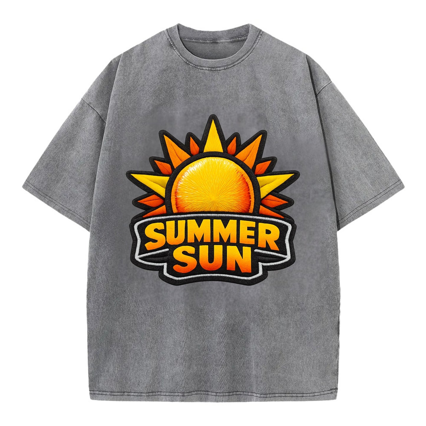 SUMMER SUN - bright sun with rays in yellow and orange , hot season - Vintage T-shirt - Grey