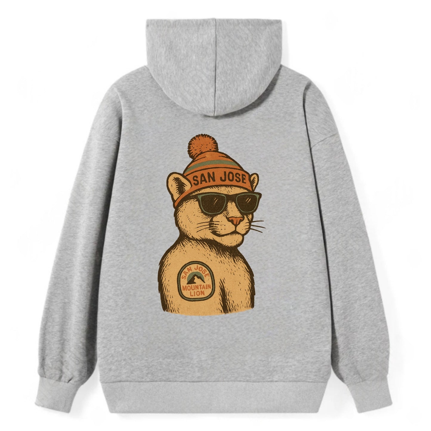 San Jose Mountain Lion wearing San Jose beanie with pom pom and wayfarer - Classic Pullover Hoodie - Grey