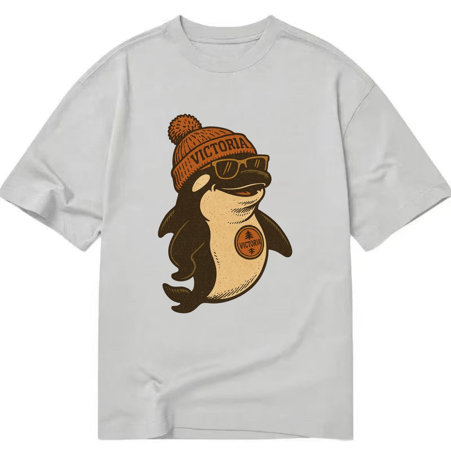 Victoria Orca wearing Victoria beanie with pom pom and wayfarer sunglasses - Classic T-shirt - Grey