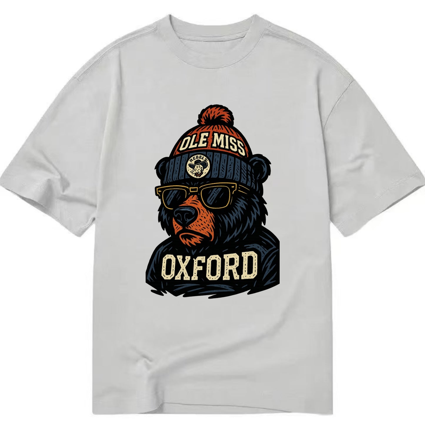 Oxford Black Bear wearing Ole Miss beanie with rebel patch - Classic T-shirt - Grey