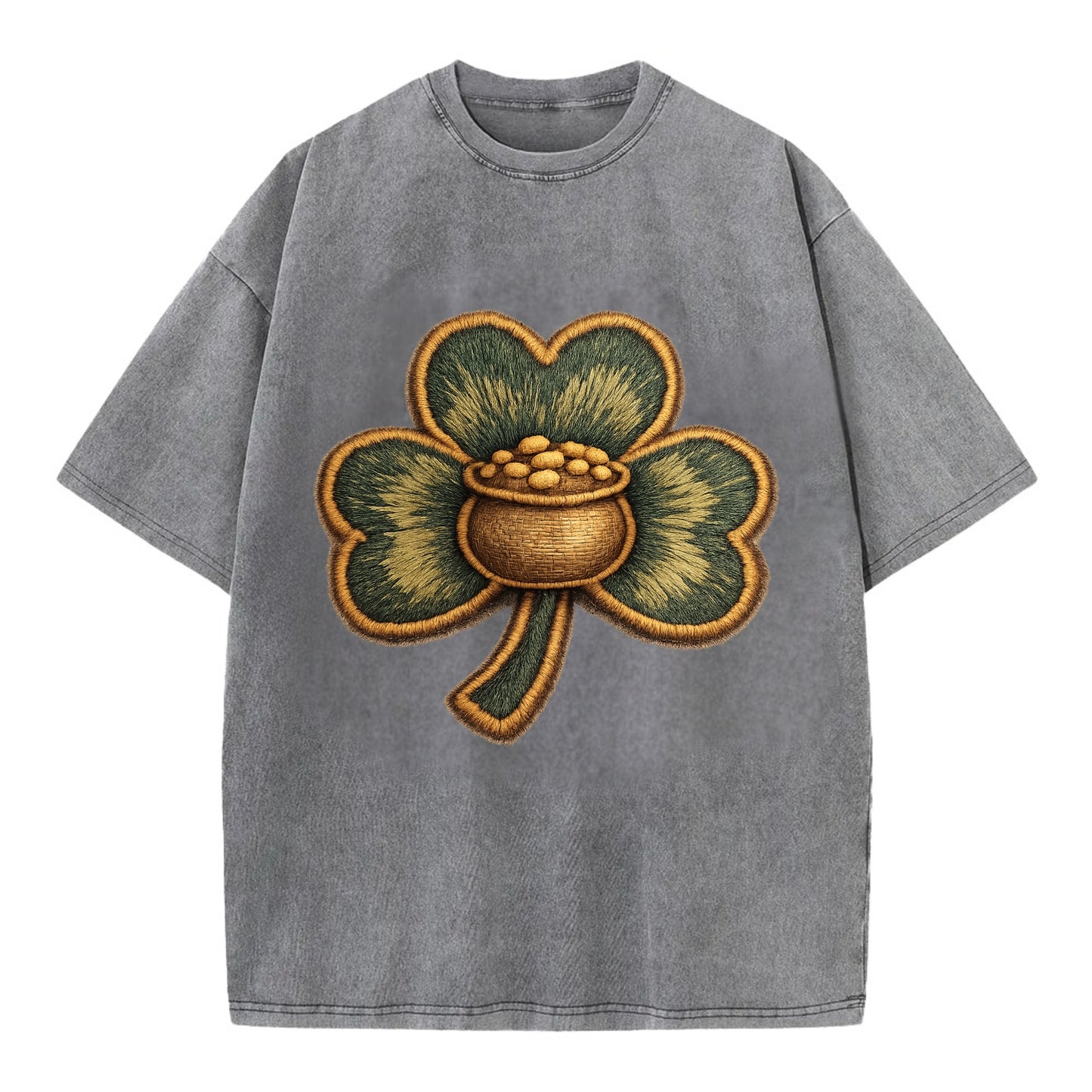 ST PATRICKS CLOVER - lucky clover with gold in green and gold , Irish luck - Vintage T-shirt - Grey
