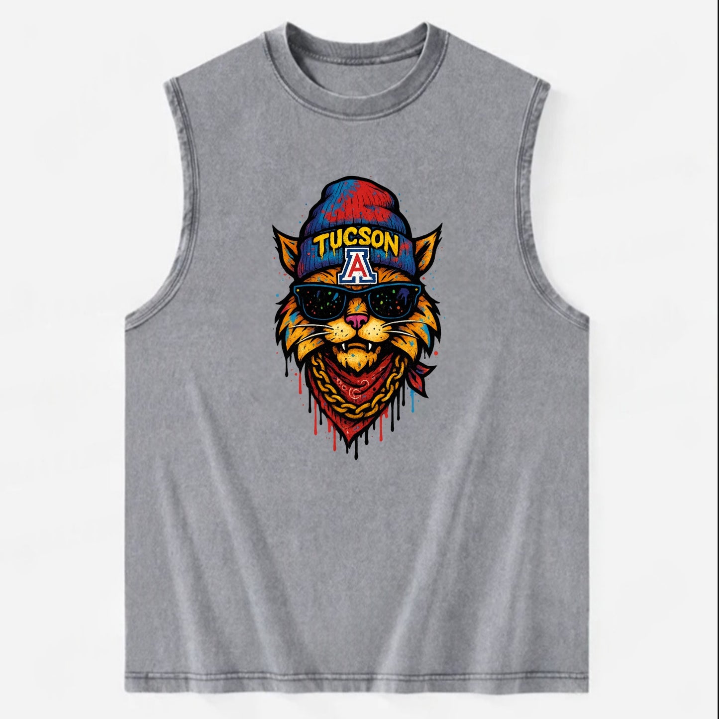 Tucson Wildcat wearing Arizona beanie with A patch - Vintage Washed Tank - Grey
