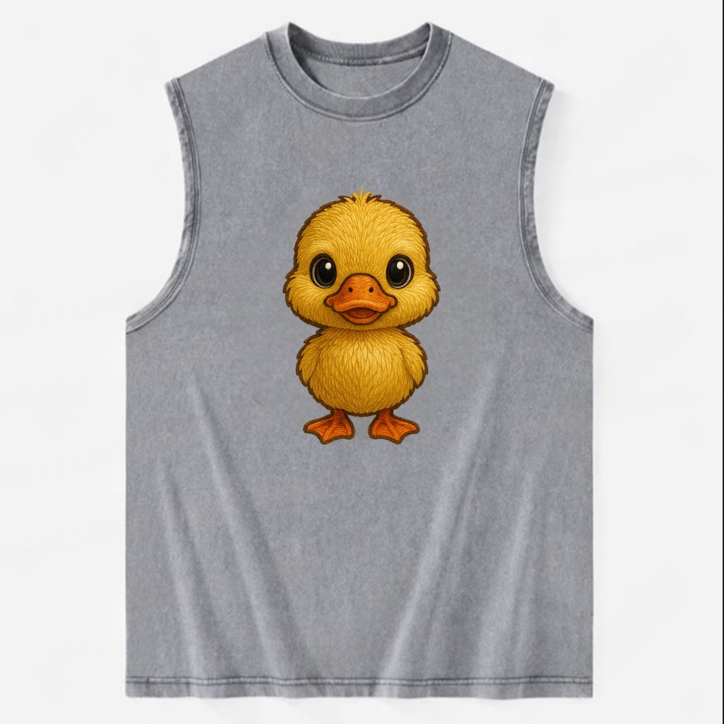 Baby Duck Duckling - yellow fluffy, orange beak, bright eyes, front-facing, - Vintage Washed Tank - Grey