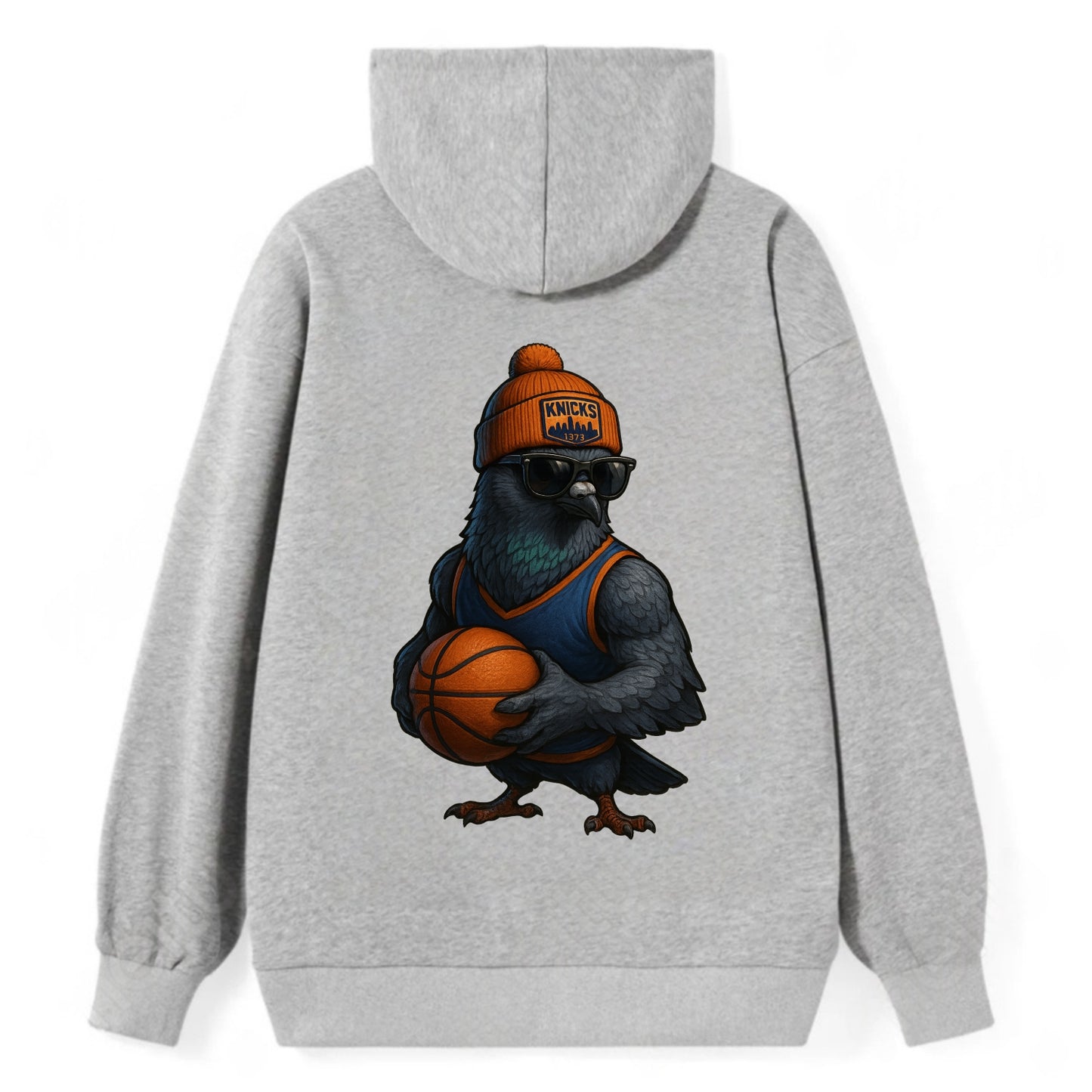 Manhattan Pigeon wearing Knicks beanie with skyline patch and wayfarer - Classic Pullover Hoodie - Grey
