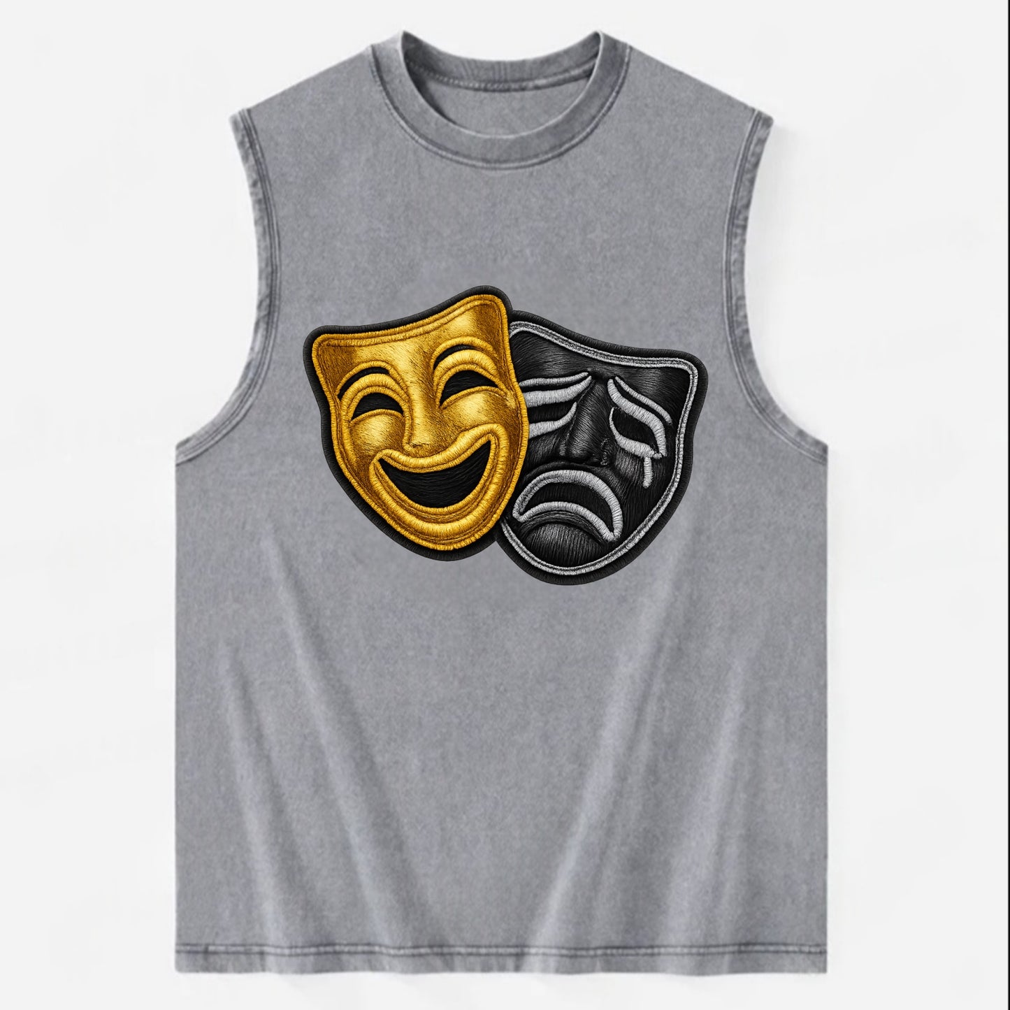BROADWAY MASKS - comedy tragedy masks in gold and black , theater - Vintage Washed Tank - Grey