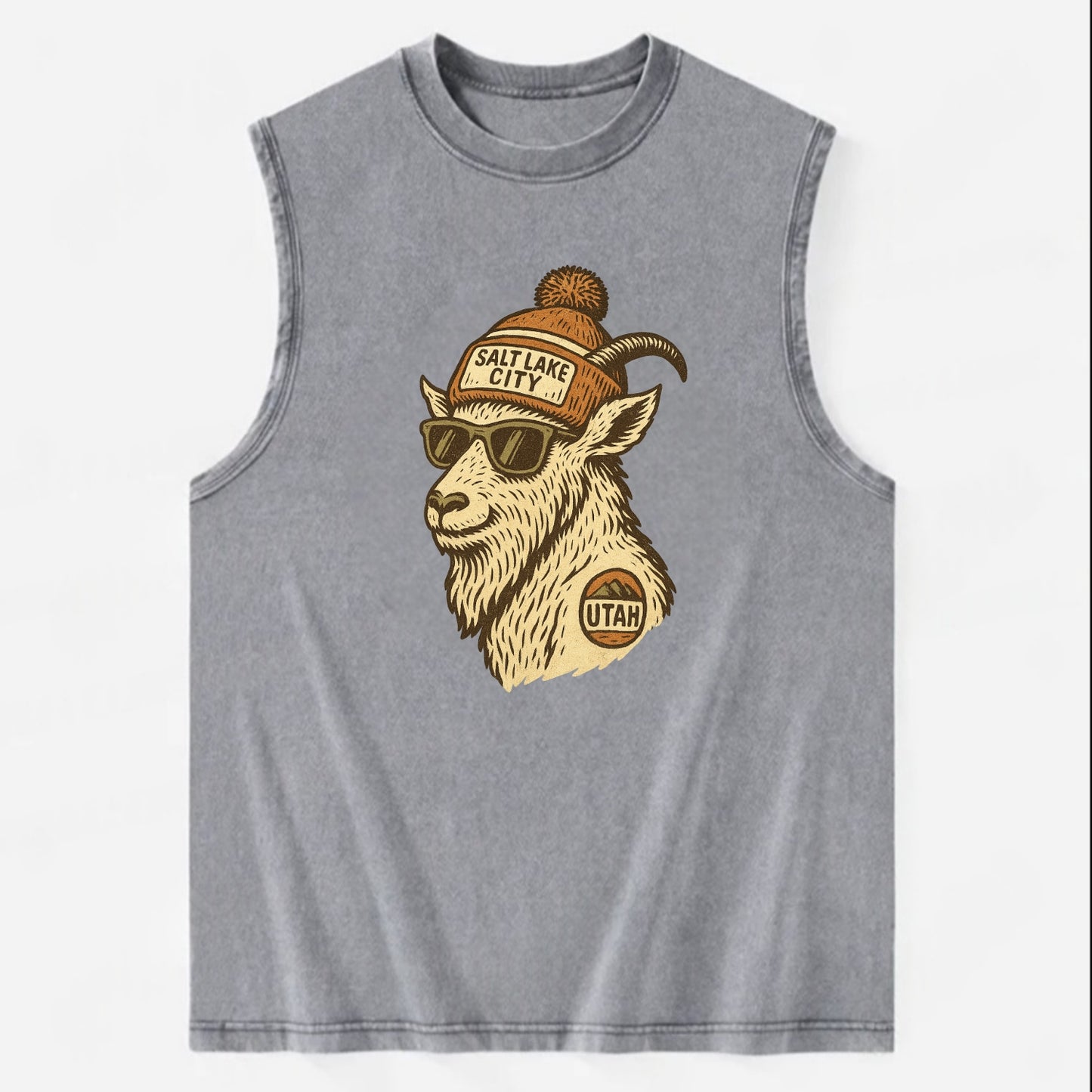 Utah Mountain Goat wearing Salt Lake City beanie with pom pom and wayfarer - Vintage Washed Tank - Grey