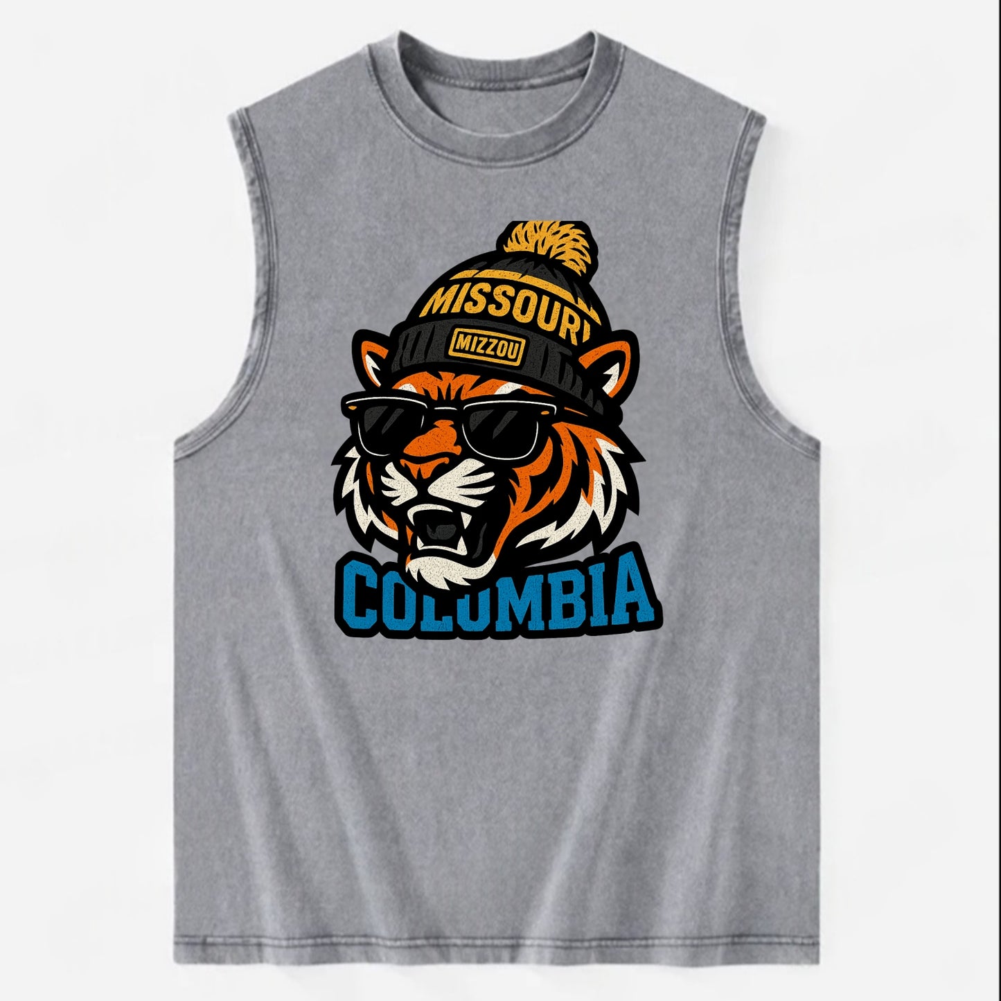 Columbia Tiger wearing Missouri beanie with Mizzou patch - Vintage Washed Tank - Grey