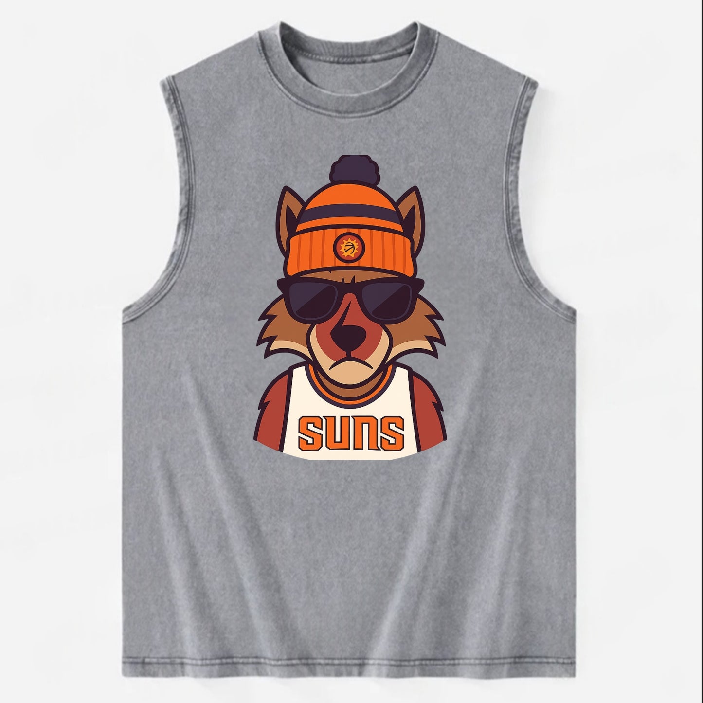 Arizona Coyote wearing Suns beanie with desert sun patch and wayfarer - Vintage Washed Tank - Grey