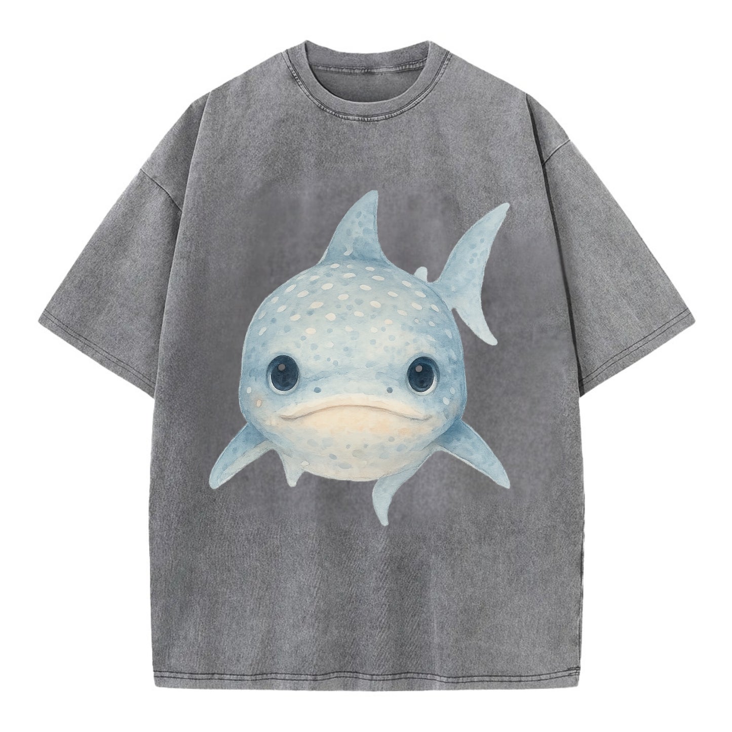 Baby Whale Shark - spotted blue-gray, wide mouth closed, tiny eyes, front-facing, - Vintage T-shirt - Grey