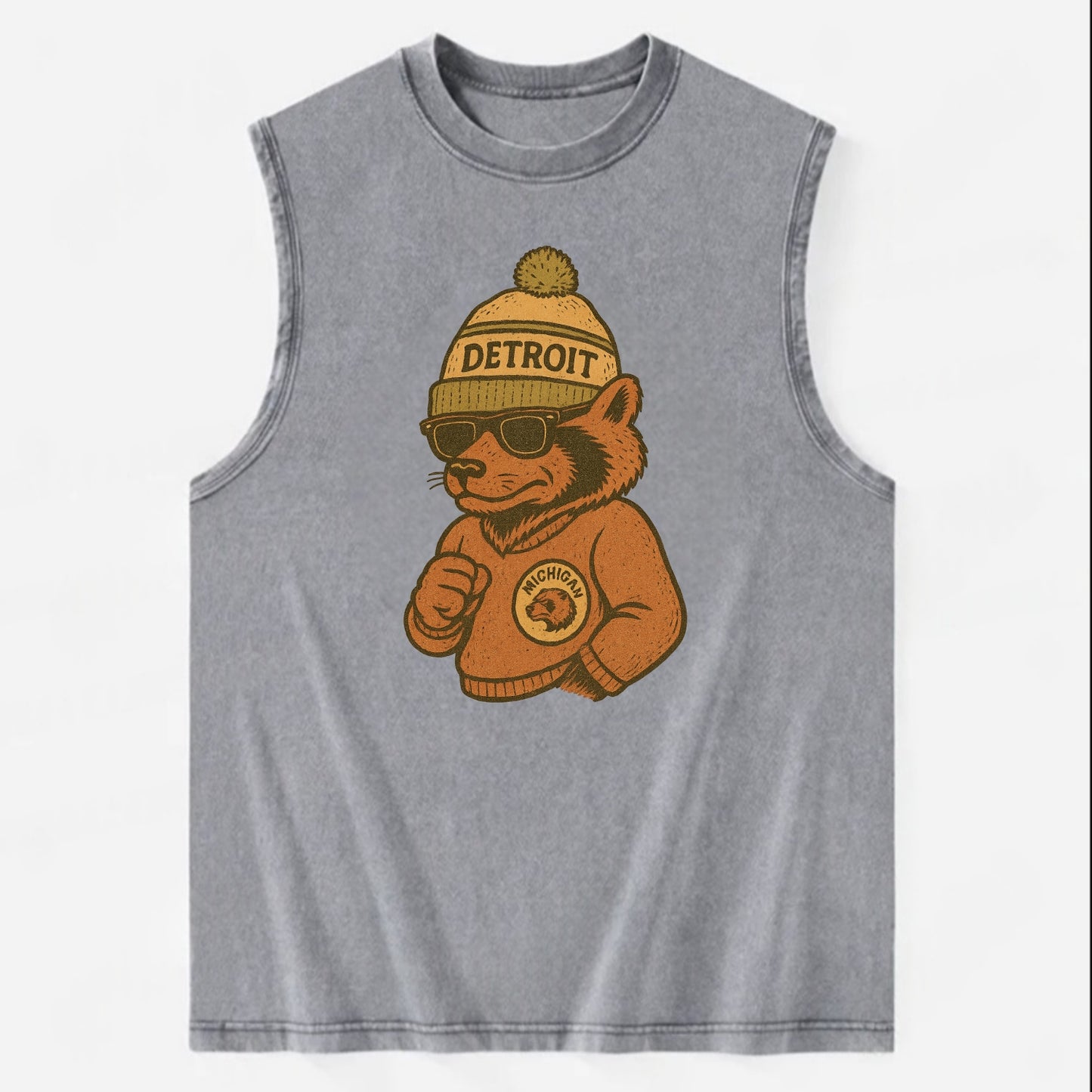 Michigan Wolverine wearing Detroit beanie with pom pom and wayfarer sunglasses - Vintage Washed Tank - Grey