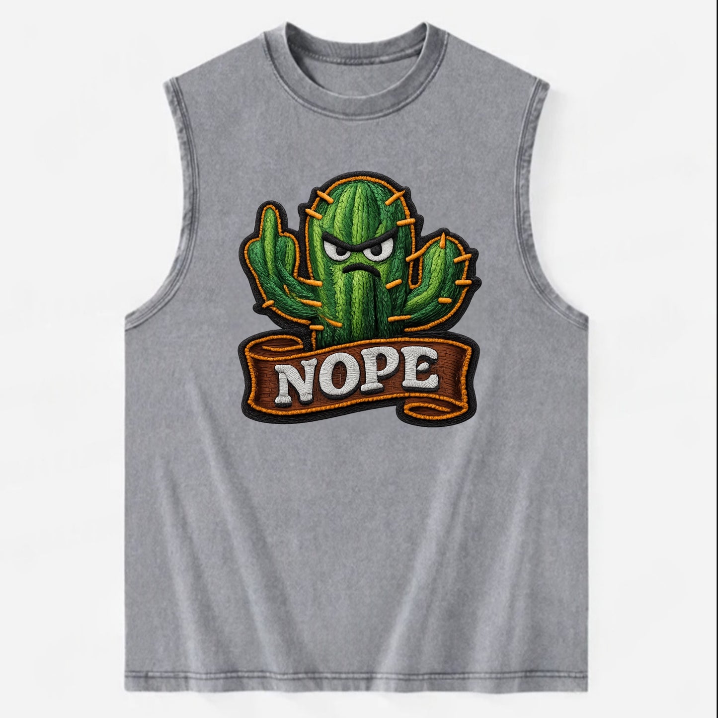NOPE CACTUS - cactus with attitude in green , prickly personality - Vintage Washed Tank - Grey