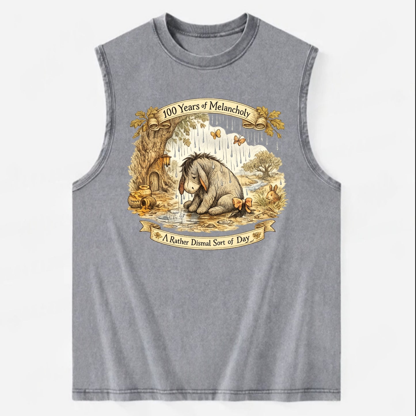GLOOMY GLEN | Droopy figure in rain | Tattered tail bow | Pessimistic poetry - Vintage Washed Tank - Grey