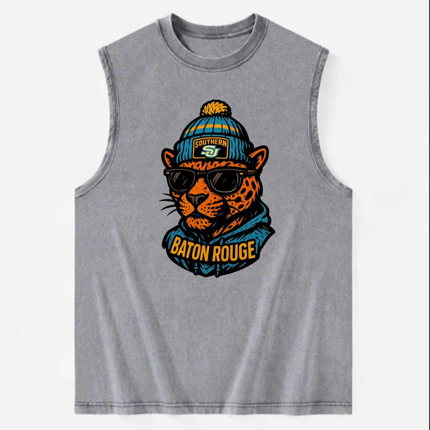Baton Rouge Jaguar wearing Southern beanie with SU patch - Vintage Washed Tank - Grey