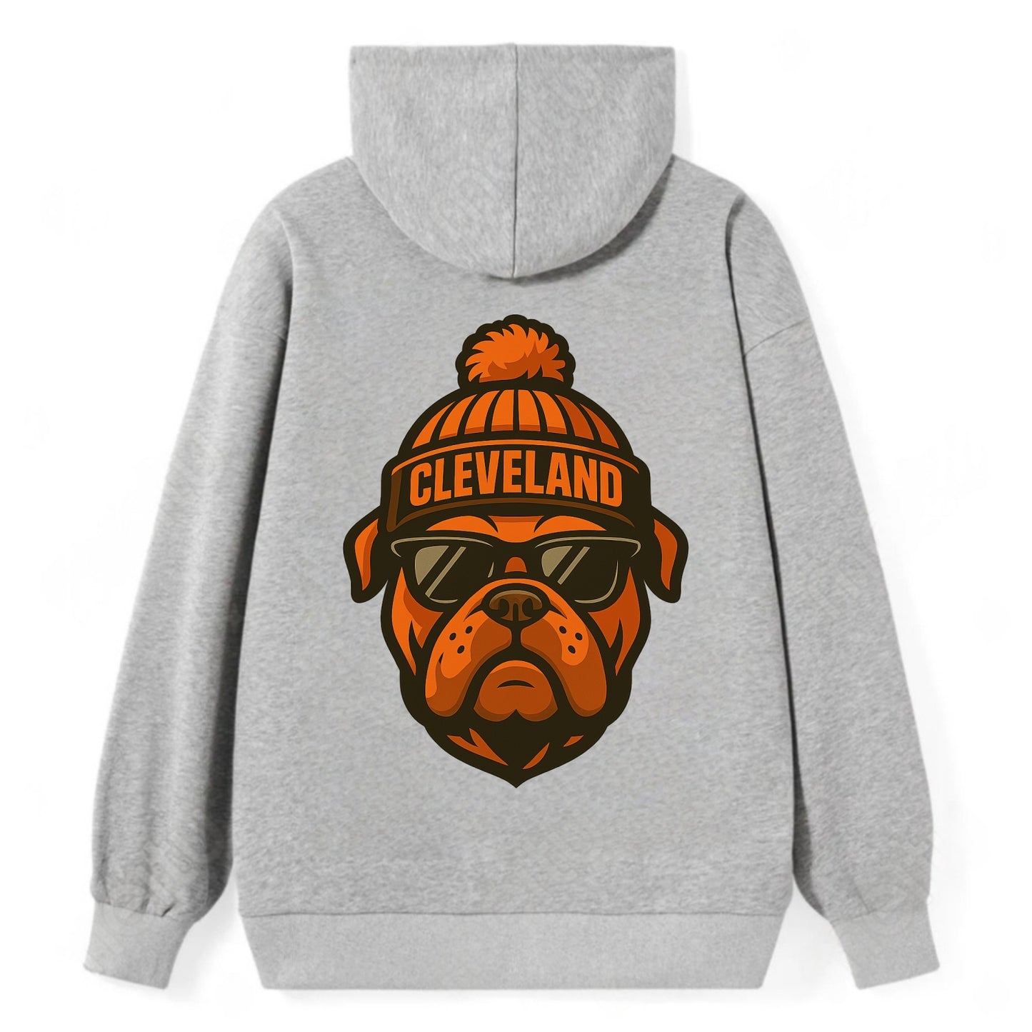 Cleveland Bulldog wearing Browns orange and brown beanie with pom pom and - Classic Pullover Hoodie - Grey