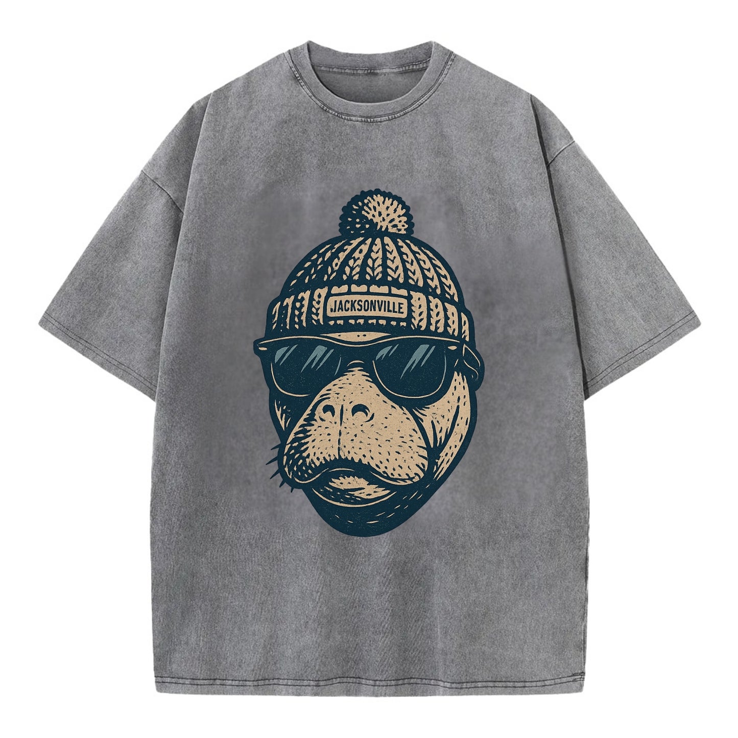 Jacksonville Manatee wearing Jacksonville beanie with pom pom and wayfarer - Vintage T-shirt - Grey