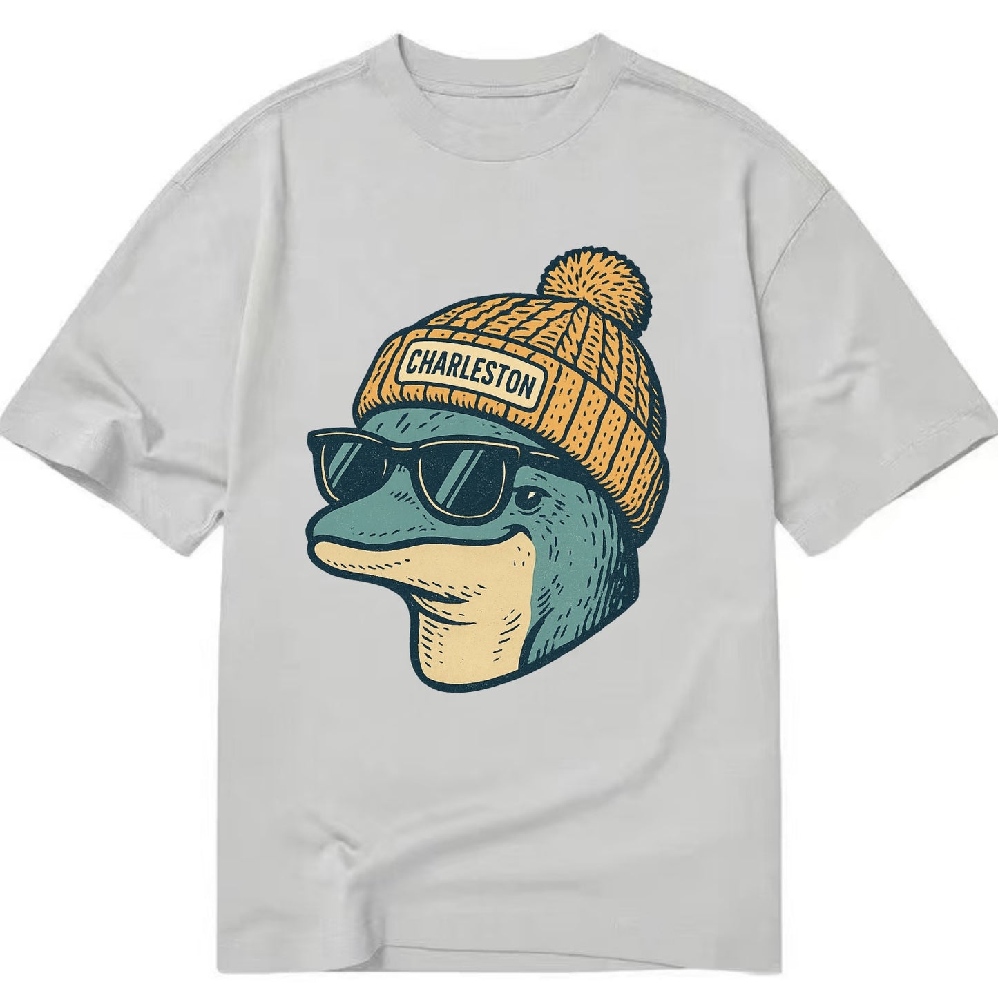 Charleston Dolphin wearing Charleston beanie with pom pom and wayfarer sunglasses - Classic T-shirt - Grey