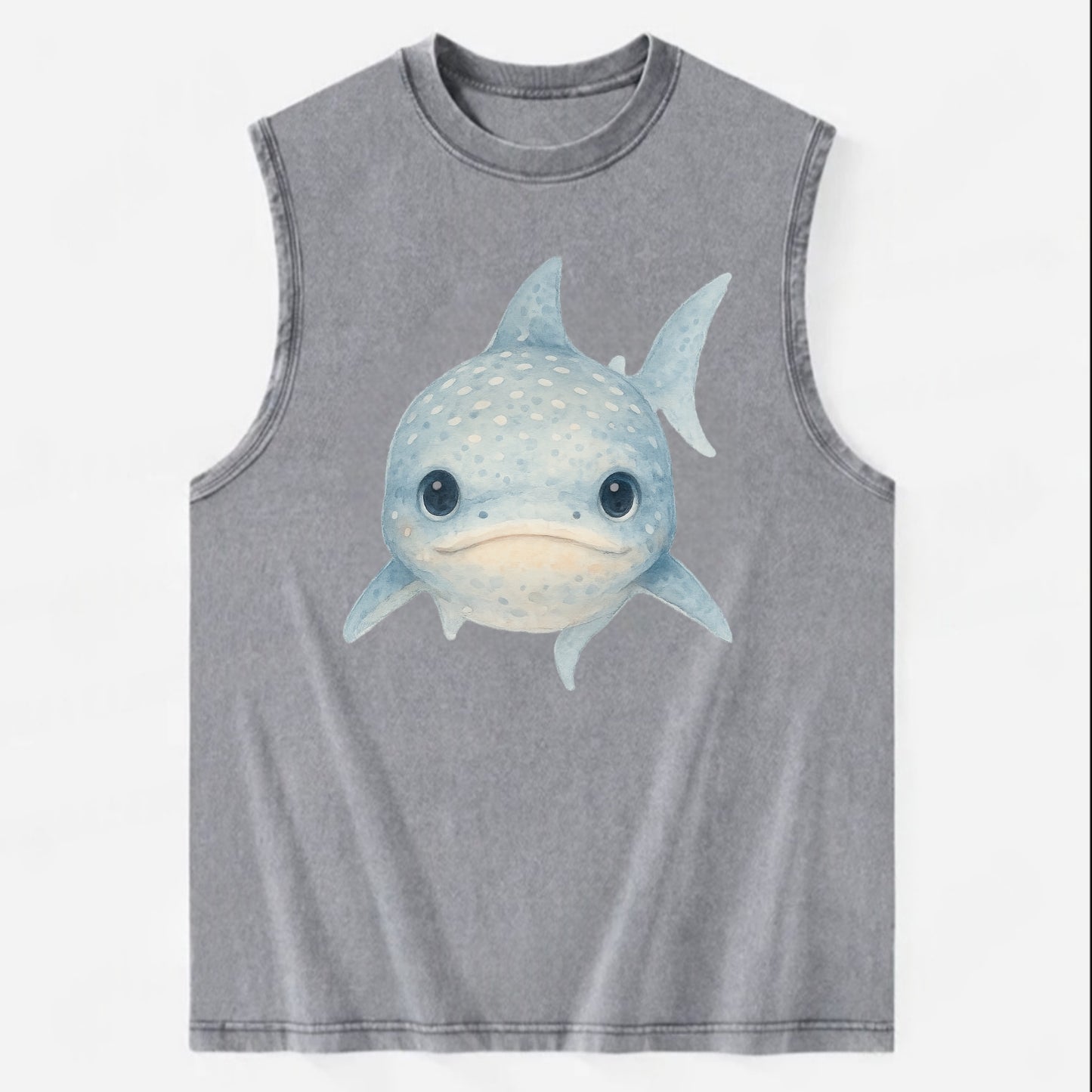 Baby Whale Shark - spotted blue-gray, wide mouth closed, tiny eyes, - Vintage Washed Tank - Grey