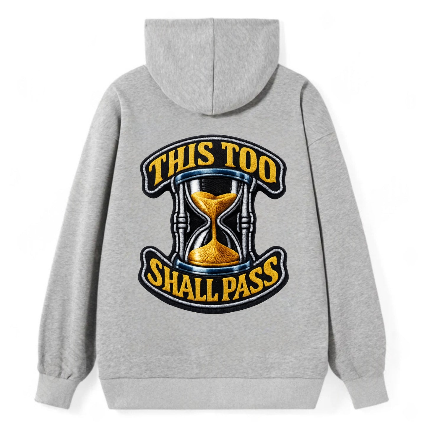 THIS TOO SHALL PASS - hourglass with text in gold , perspective - Classic Pullover Hoodie - Grey