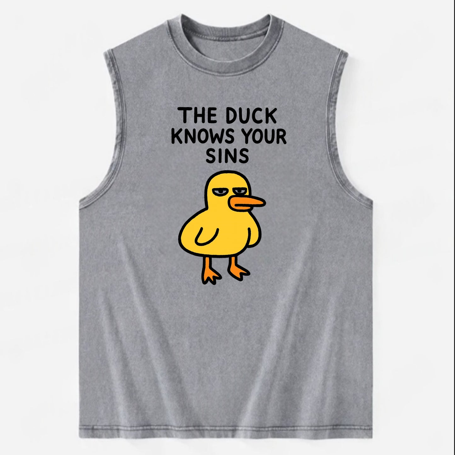 THE DUCK KNOWS YOUR SINS | Yellow duck with judgmental stare - Vintage Washed Tank - Grey