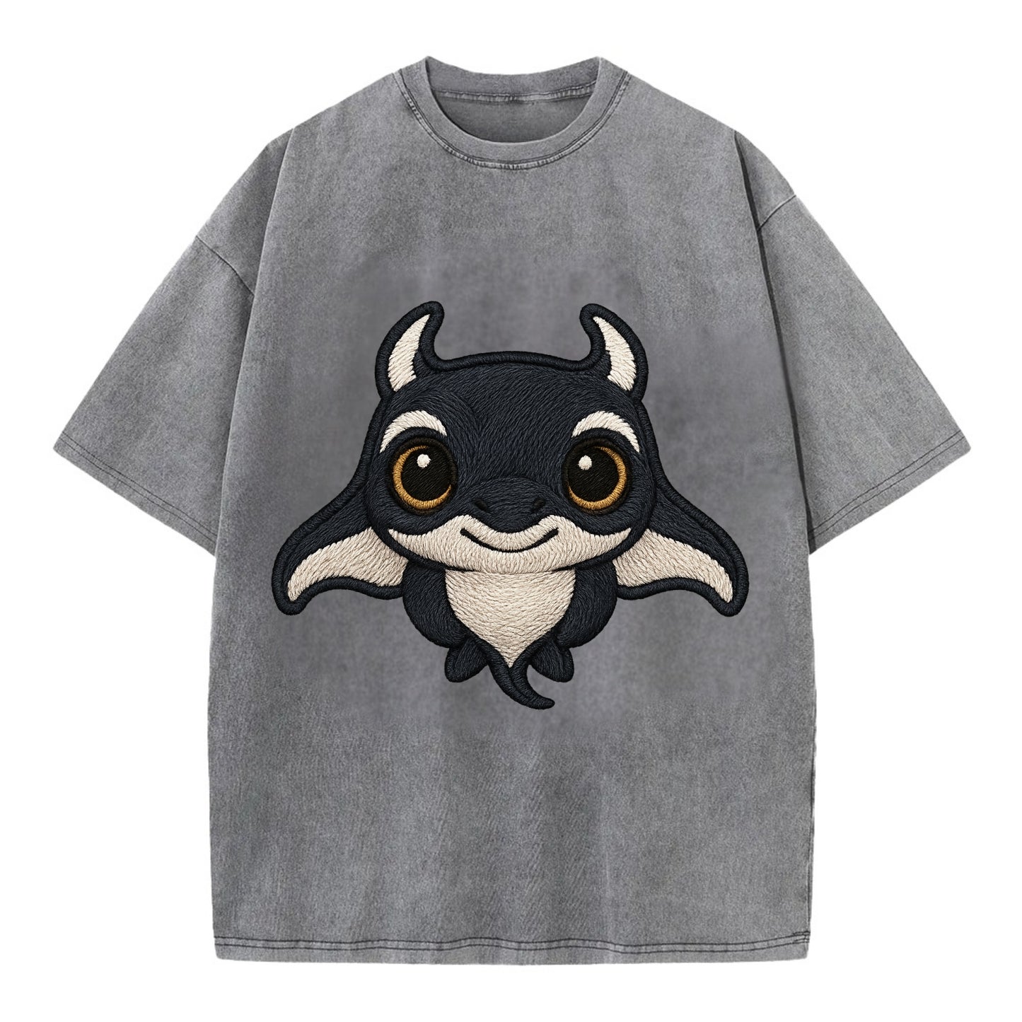 Baby Manta Ray - dark with white markings, cephalic fins, gentle eyes, - Vintage T-shirt - Grey