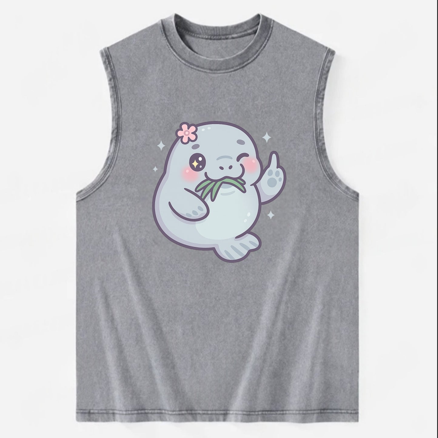 chubby manatee munching on seagrass, one flipper raised with sass - Vintage Washed Tank - Grey