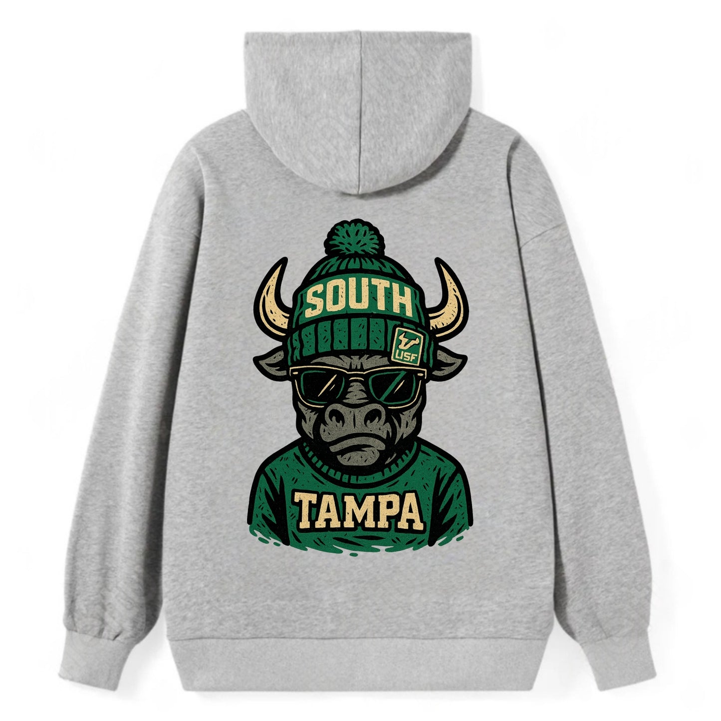 Tampa Bull wearing South Florida beanie with USF patch - Classic Pullover Hoodie - Grey