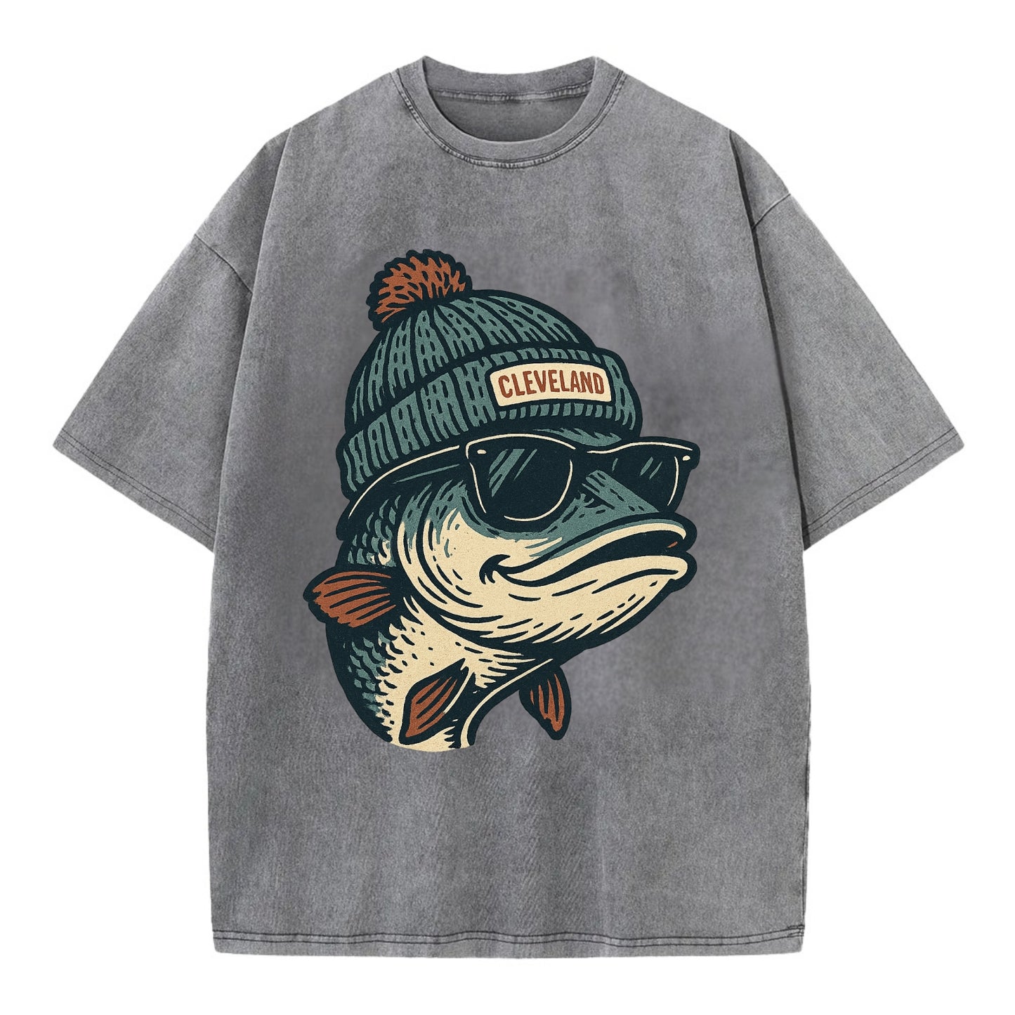 Cleveland Lake Erie Walleye wearing Cleveland beanie with pom pom and wayfarer - Vintage T-shirt - Grey