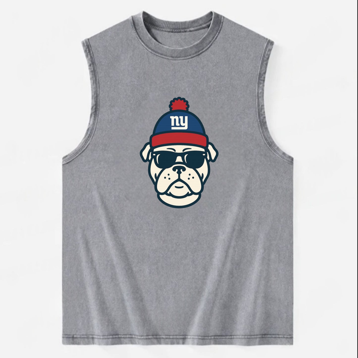 New York Bulldog wearing Giants blue and red beanie with pom pom and wayfarer - Vintage Washed Tank - Grey