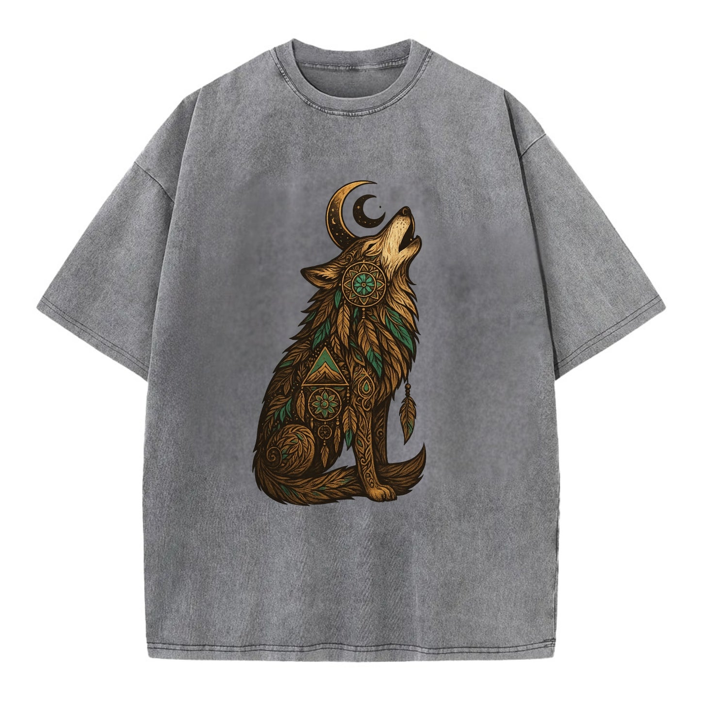 Celestial Moon Wolf - Vintage T-shirt - Grey