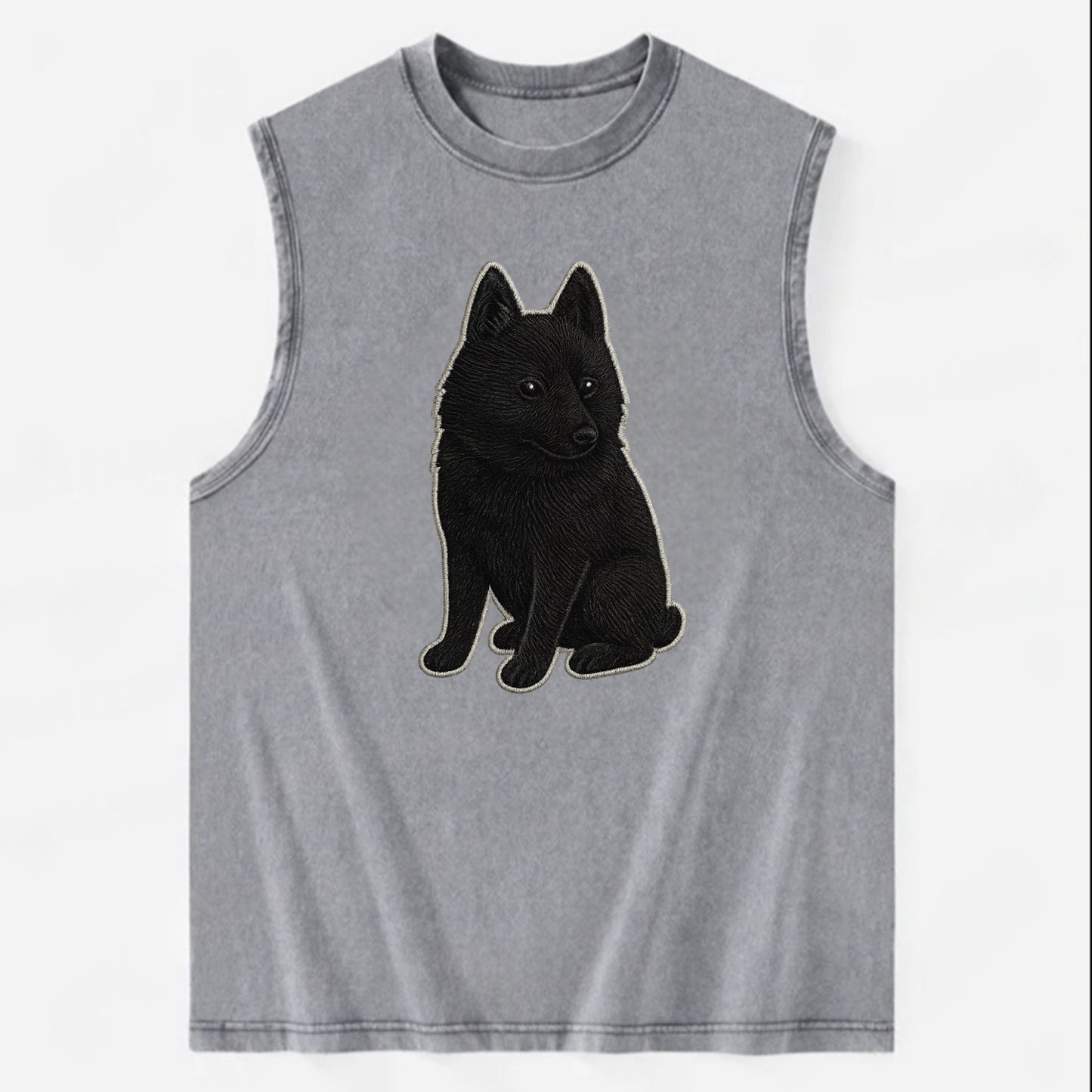 Schipperke - Solid black small embroidered sitting pose - Vintage Washed Tank - Grey