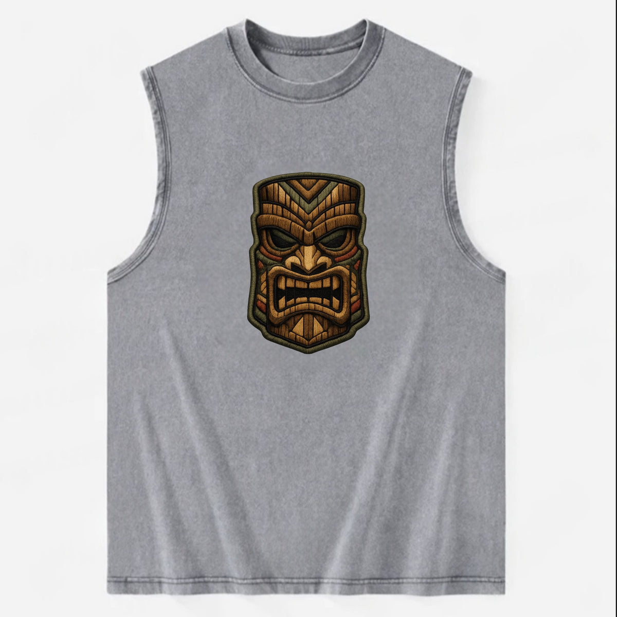 TIKI MASK - carved totem in brown and red , Polynesian - Vintage Washed Tank - Grey