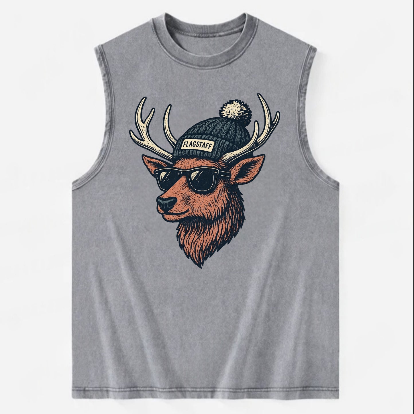 Flagstaff Elk wearing Flagstaff beanie with pom pom and wayfarer sunglasses - Vintage Washed Tank - Grey