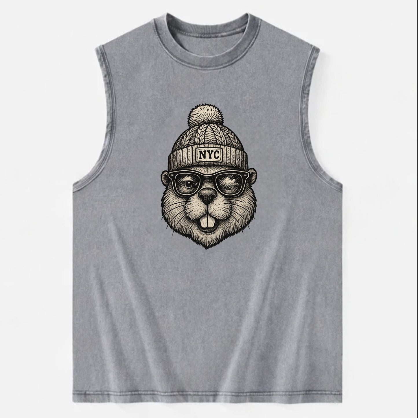 New York Beaver wearing NYC beanie with pom pom and wayfarer sunglasses - Vintage Washed Tank - Grey