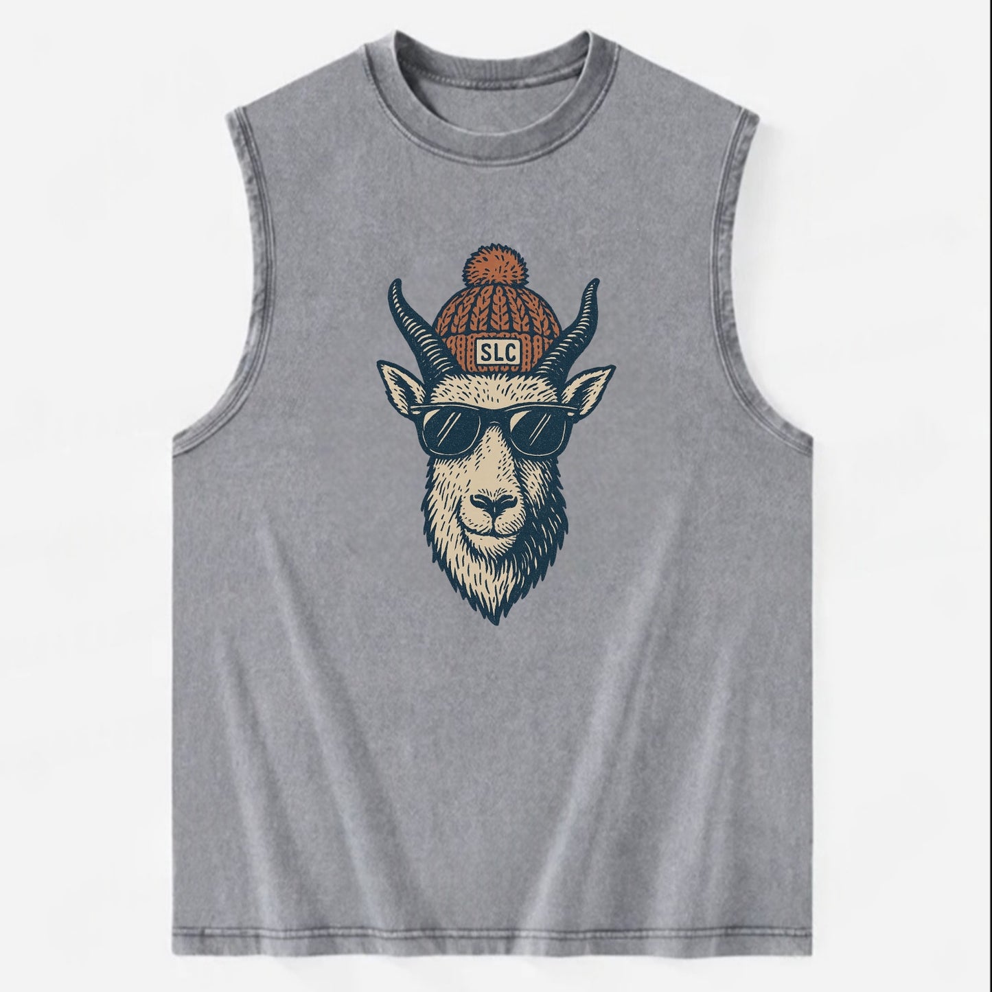 Salt Lake City Mountain Goat wearing SLC beanie with pom pom and wayfarer - Vintage Washed Tank - Grey