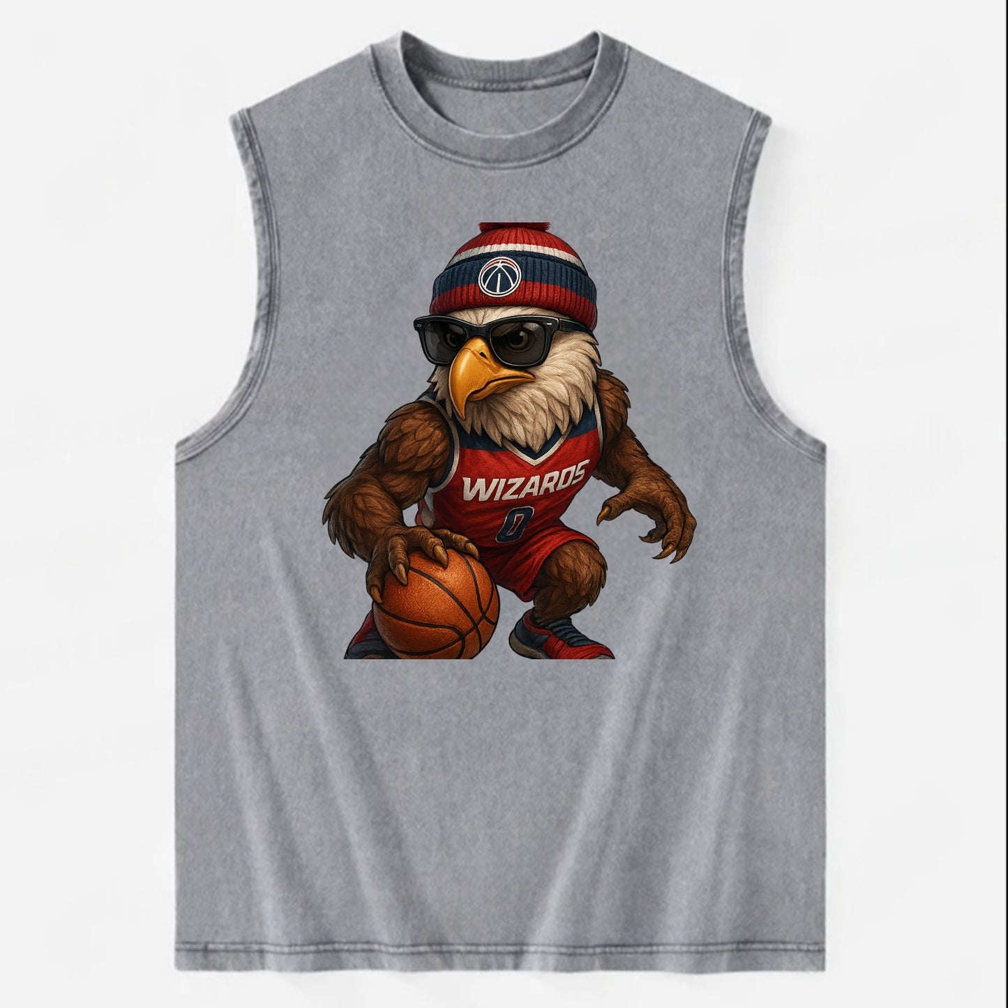 DC Eagle wearing Wizards red white and blue beanie with monument patch and - Vintage Washed Tank - Grey