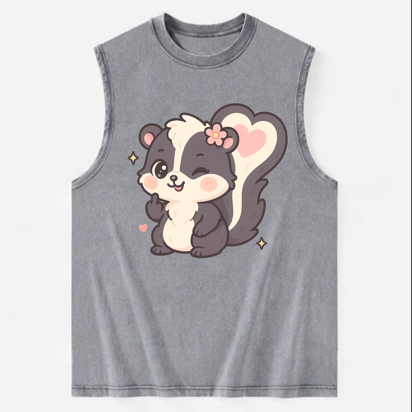 fluffy skunk with heart-shaped tail pattern, one paw up showing sass - Vintage Washed Tank - Grey