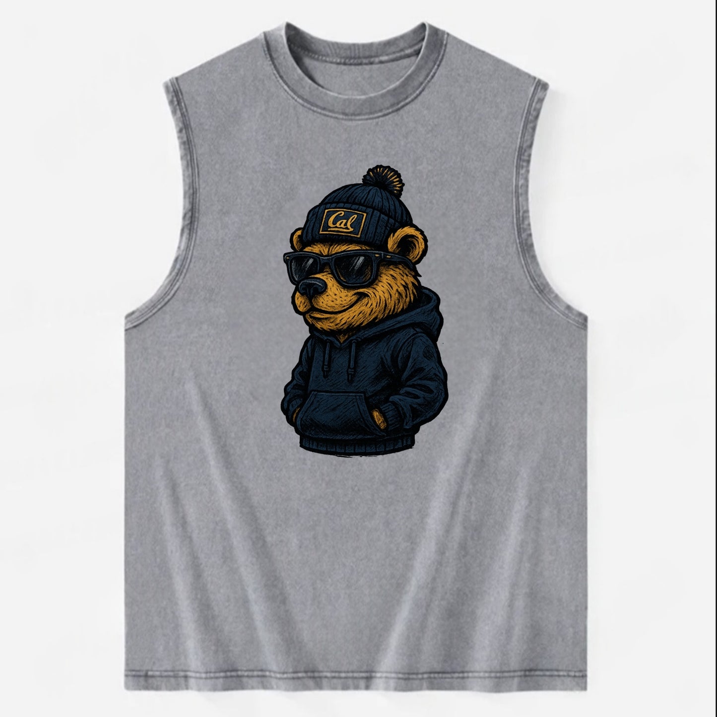 Berkeley Bear wearing Cal beanie with script patch - Vintage Washed Tank - Grey