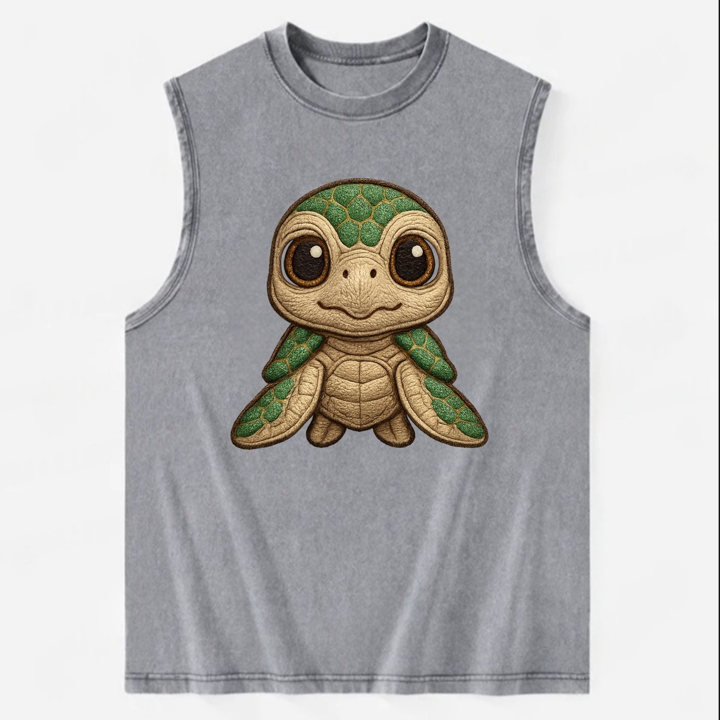 Baby Green Sea Turtle - emerald shell, large innocent brown eyes, tiny - Vintage Washed Tank - Grey