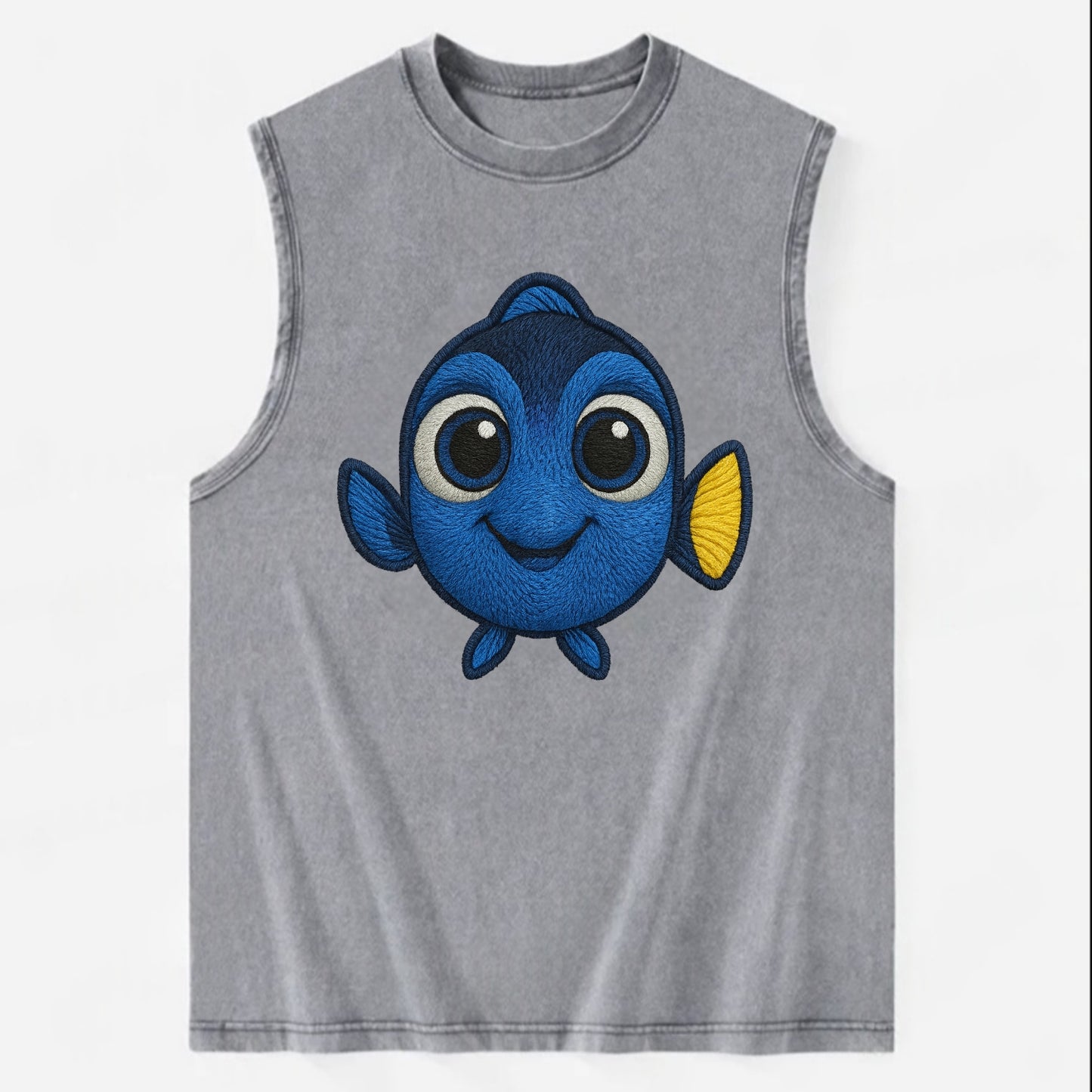 Baby Blue Tang - bright blue with yellow tail, big eyes, front-facing, - Vintage Washed Tank - Grey