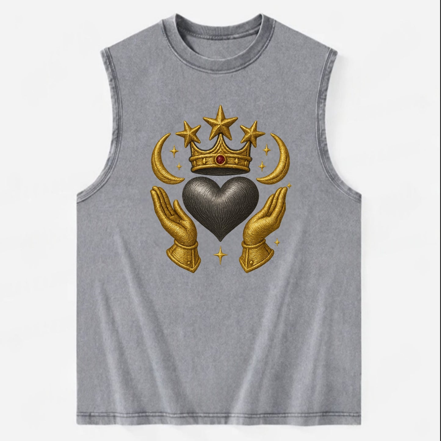 Sun goddess crown radiating golden rays over a midnight heart with - Vintage Washed Tank - Grey