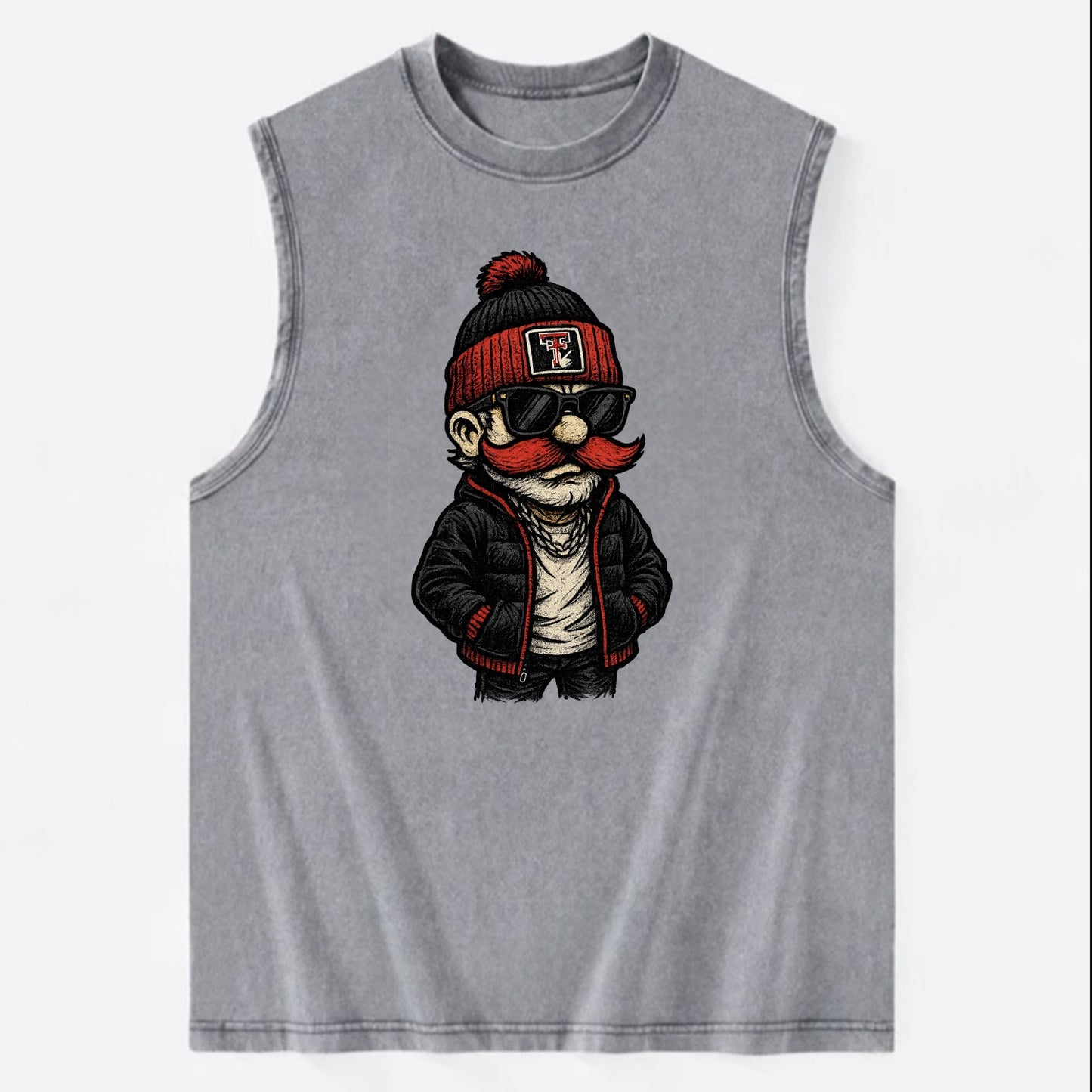 Lubbock Raider wearing Texas Tech beanie with guns up patch - Vintage Washed Tank - Grey