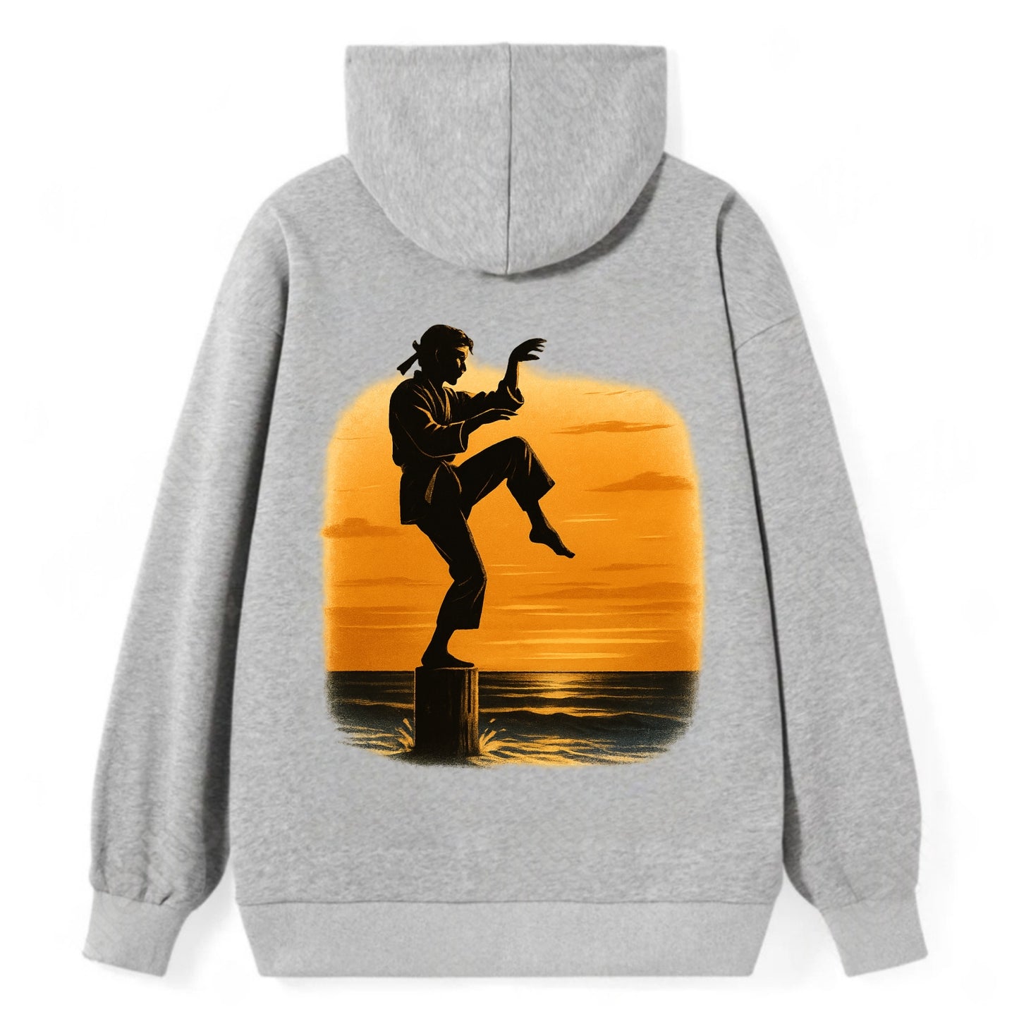 karate crane kick pose on wooden post at beach sunset - Classic Pullover Hoodie - Grey