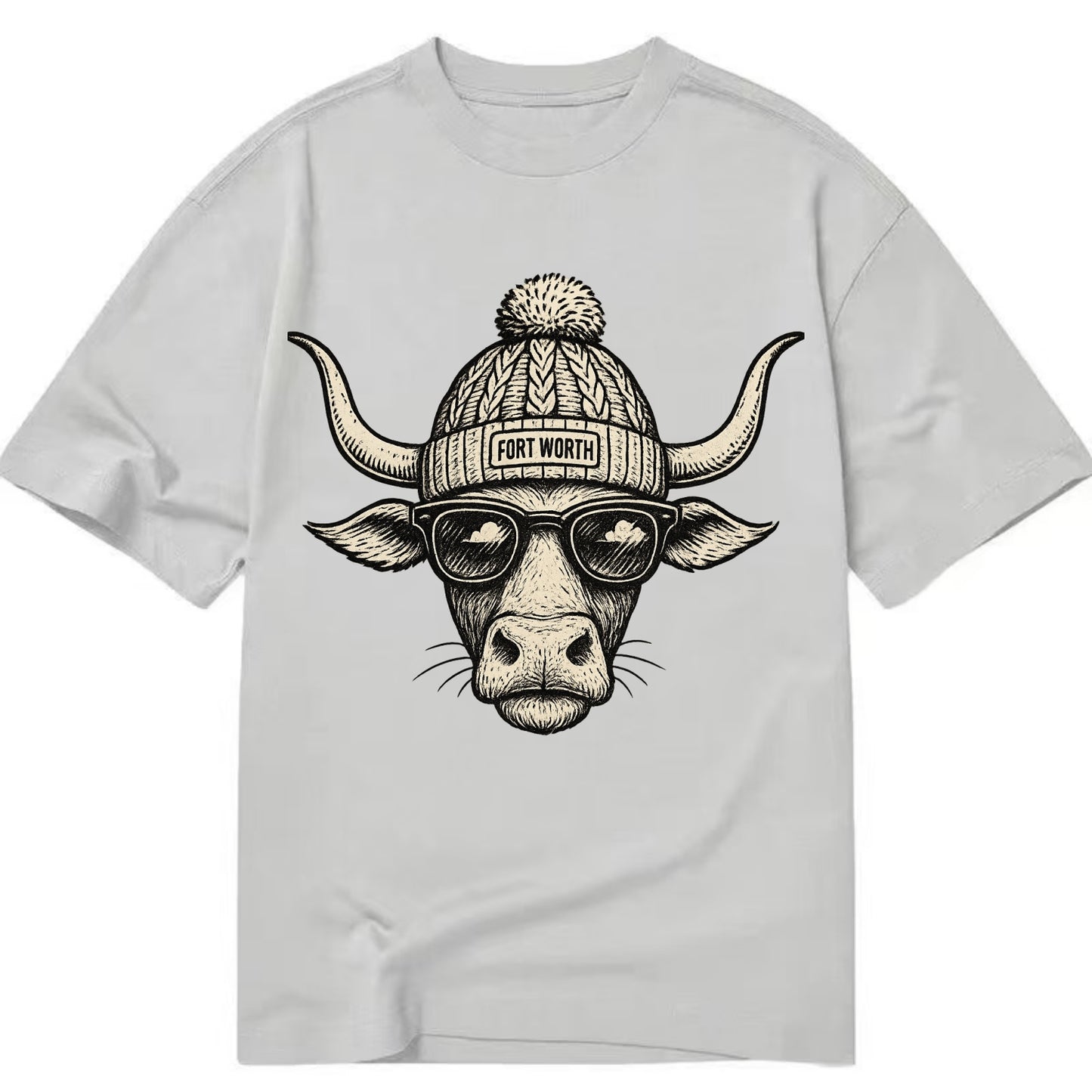 Fort Worth Longhorn wearing Fort Worth beanie with pom pom and wayfarer sunglasses - Classic T-shirt - Grey