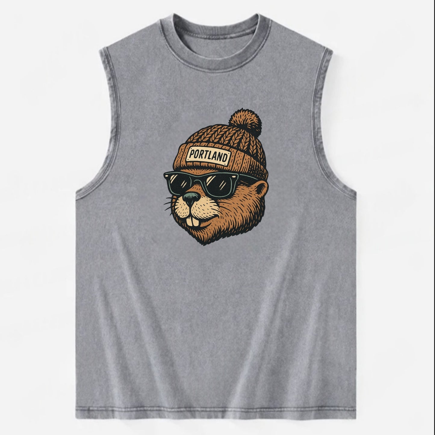 Portland Beaver wearing Portland beanie with pom pom and wayfarer sunglasses - Vintage Washed Tank - Grey