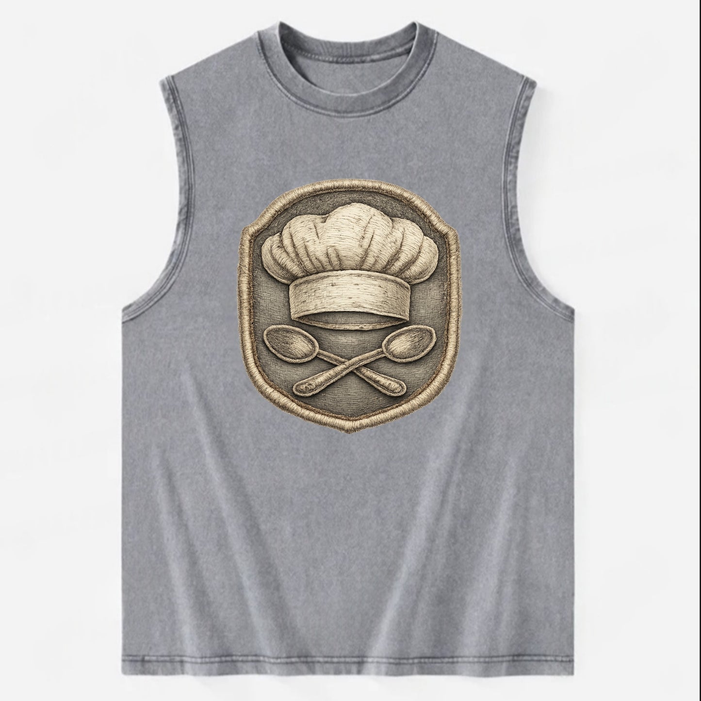 COOKING CHEF HAT - toque blanche with crossed spoons in white and silver , - Vintage Washed Tank - Grey
